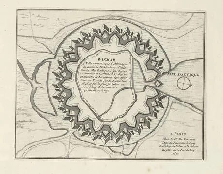 RECORD DATE NOT STATED  Map of Wismar, 1693, 1693 print Map of the reinfor... Stock Photos