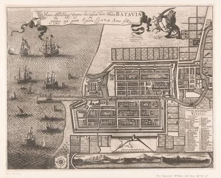 RECORD DATE NOT STATED  Map and view of Batavia, Anonymous, Wenceslaus Hol... Stockfoto's