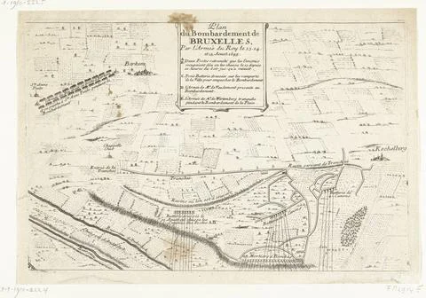 RECORD DATE NOT STATED  Map of the bombing of Brussels by the French (uppe... Stock Photos
