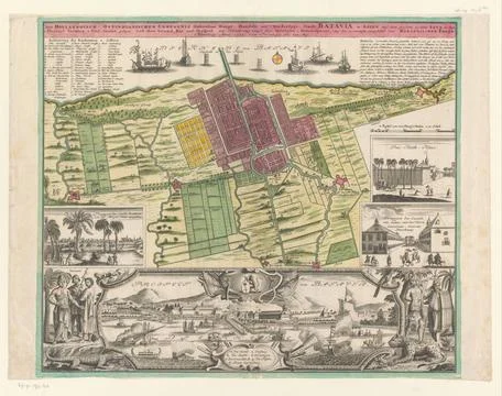RECORD DATE NOT STATED  Map of and face on Batavia, Anonymous, 1733 print ... 库存照片