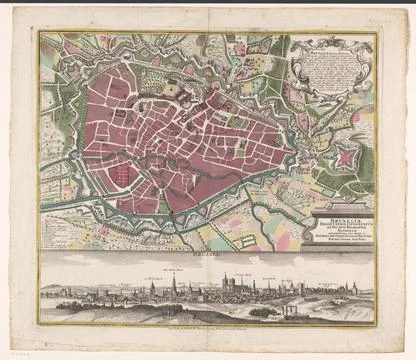RECORD DATE NOT STATED  Map of Brussels with cityscape, Matthaeus Seutter ... Stock Photos