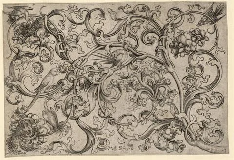 RECORD DATE NOT STATED  Martin Schongauer Horizontal ornament with parrots... Stock Photos