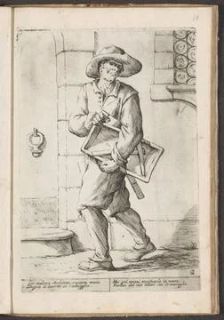 RECORD DATE NOT STATED  Mason, 1660 print A bricklayer with a bowl and cro... Stock Photos