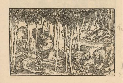 RECORD DATE NOT STATED  Monk in a corpse and two lions under Palmen, Anony... Stock Photos