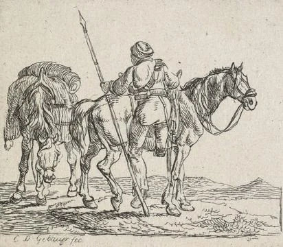 RECORD DATE NOT STATED  No title. (Lancer mounting horse.) prints, etching... Stock Photos
