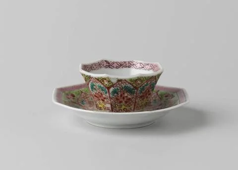 RECORD DATE NOT STATED  Octagonal cup and saucer with foral scrolls in pet... 스톡 사진