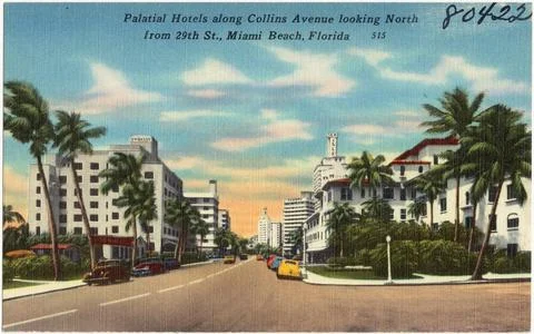 RECORD DATE NOT STATED Palatial hotels along Collins Avenue looking north ... Stock Photos