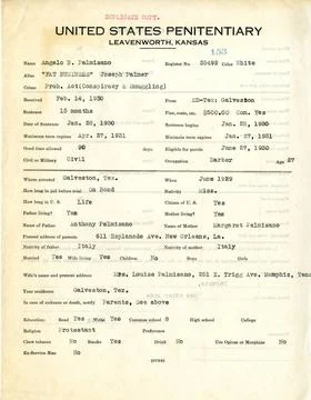 RECORD DATE NOT STATED Personal Data Sheet for Angelo Palmisano. Bureau of... Stock Photos