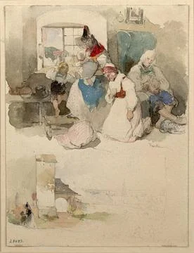 RECORD DATE NOT STATED  Peter Fendi Devout peasant family. Pencil, waterco... Stock Photos