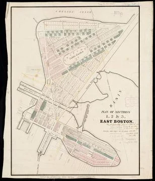 RECORD DATE NOT STATED Plan of sections of 1, 2 &amp; 3, East Boston. Oriented... Stock Photos