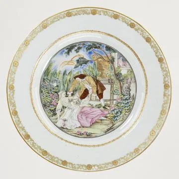 RECORD DATE NOT STATED  Plate with a man and woman in a garden, in the bac... Foto stock