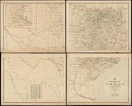 RECORD DATE NOT STATED Post route map of the state of Texas showing post o... Stock Photos