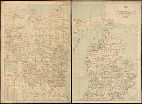RECORD DATE NOT STATED Post route map of the states of Michigan and Wiscon... Stock Photos