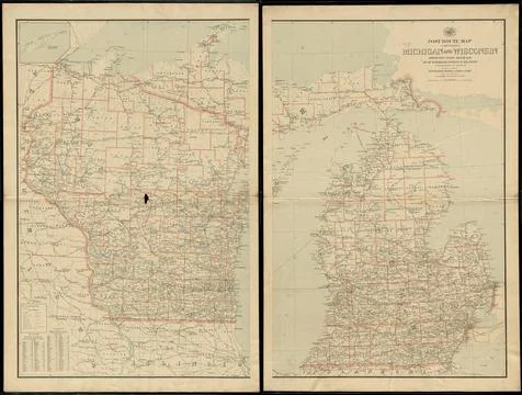 RECORD DATE NOT STATED Post route map of the states of Michigan and Wiscon... Stock Photos