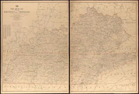 RECORD DATE NOT STATED Post route map of the states of Kentucky and Tennes... Stock Photos