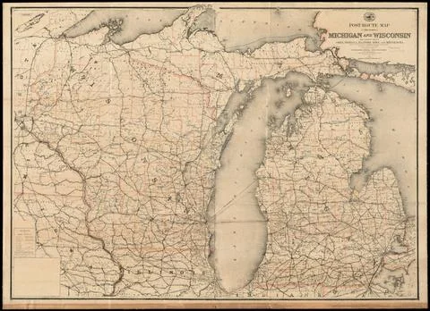 RECORD DATE NOT STATED Post route map of the states of Michigan and Wiscon... Stock Photos