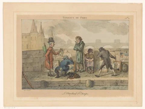 RECORD DATE NOT STATED  Postal seller on a bridge in Paris, 1821 print A m... Stock Photos