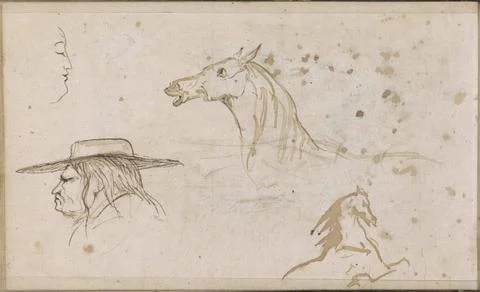 RECORD DATE NOT STATED  Prancing horse, a horse s head and a men s head, 1... Stock Photos