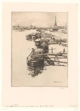 RECORD DATE NOT STATED  Quay with omnibus boats in Paris with the Eiffel T... Stock-Fotos
