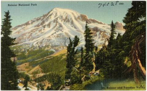 RECORD DATE NOT STATED Rainier National Park, Mt. Rainier and Paradise Val... Stock-Fotos