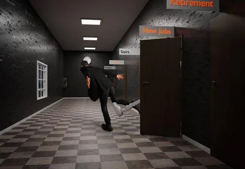 RECORD DATE NOT STATED Robot employee at job center kicks job seeker out! ... Stockfoto's
