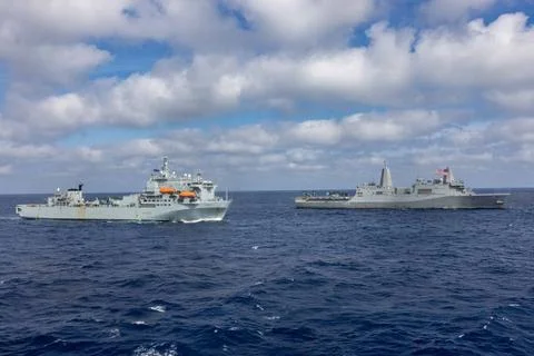 RECORD DATE NOT STATED  Royal Fleet Auxiliary Ship RFA Argus (A 135), left... Stock Photos