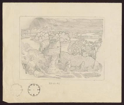 RECORD DATE NOT STATED  Ruins in the rain sketches for graphics from the T... Stock Photos