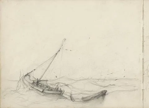 RECORD DATE NOT STATED  Sailboat and a sloop at sea, c. 1825 - c. 1875 Pag... Stock Photos