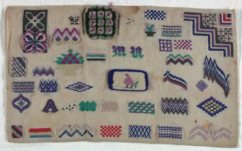 RECORD DATE NOT STATED Sampler (Germany); wool embroidery on cotton founda... Stock Photos