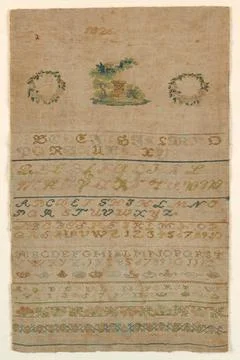 RECORD DATE NOT STATED Sampler (Germany); silk embroidery on linen foundat... Stock Photos