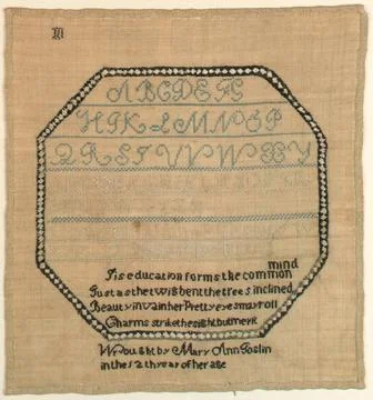 RECORD DATE NOT STATED Sampler (USA); Embroidered by Mary Ann Goslin; silk... Stock Photos