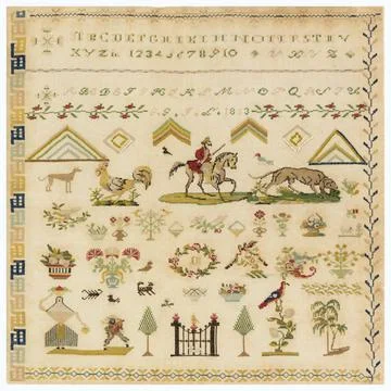 RECORD DATE NOT STATED Sampler (Italy); silk embroidery on linen foundatio... Stock Photos