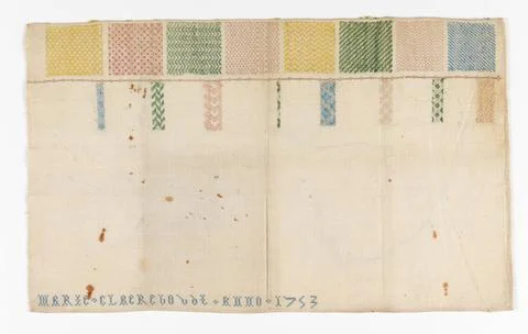 RECORD DATE NOT STATED Sampler (Spain); Embroidered by Marie Claerejo; lin... Stock Photos