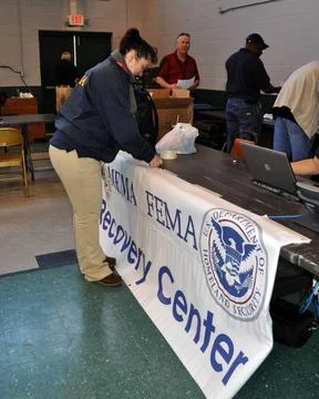 RECORD DATE NOT STATED Setting Up the First Disaster Recovery Center in Mi... Stock Photos