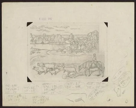 RECORD DATE NOT STATED  Shepherd with cattle, graphics sketches from the T... Stock Photos
