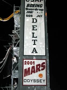RECORD DATE NOT STATED  Signs on the side of the launch tower at Launch Co... Stock Photos