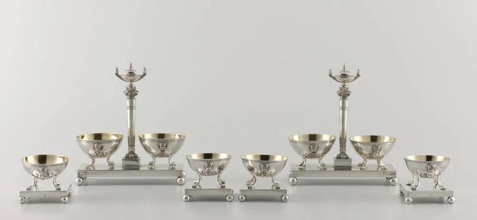 RECORD DATE NOT STATED  Silver salt barrel on pedestal, Francois Marcus Si... Stock Photos