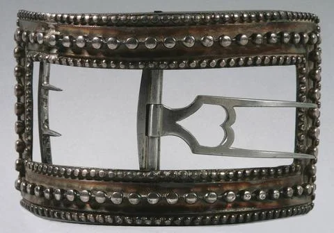 RECORD DATE NOT STATED  Silver buckle. Loading label for small work, Paris... 写真素材