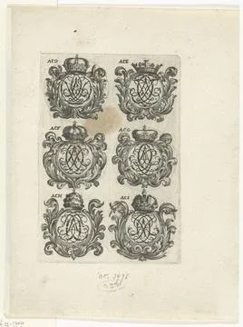RECORD DATE NOT STATED  Six award-winning cartouches with letter monograms... Stock Photos