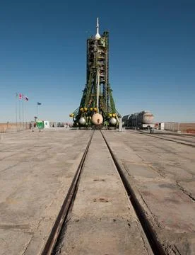 RECORD DATE NOT STATED  The Soyuz rocket sits ready on the launch pad in B... Stock Photos