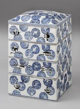 RECORD DATE NOT STATED  Square tiered box with cover with medallions, anon... Foto stock