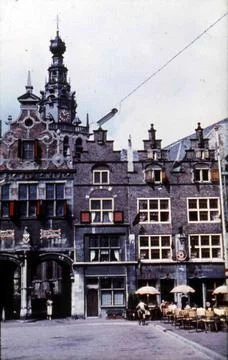 RECORD DATE NOT STATED Stepped gables and church arch. Right terrace with ... Fotos de archivo