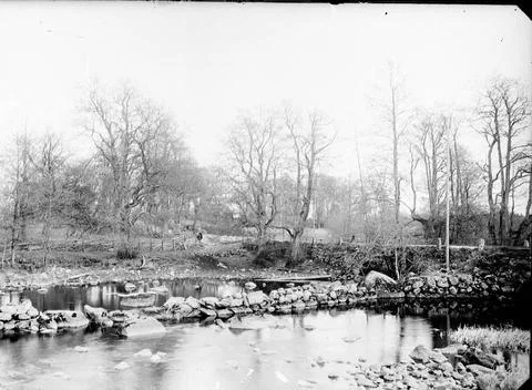 RECORD DATE NOT STATED (A, stone bridge, water divider, road bank with car... Stock Photos