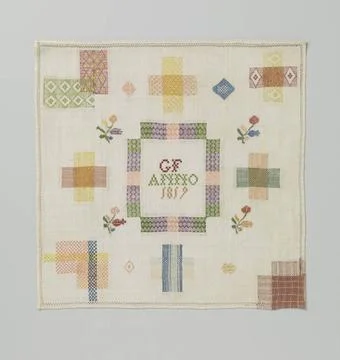RECORD DATE NOT STATED  Stop patch with a multi -colored embroidery on lin... Stock Photos
