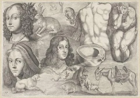 RECORD DATE NOT STATED  Study sheet with drawing examples: heads, animals,... Stock Photos