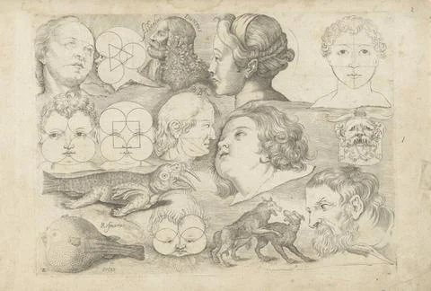 RECORD DATE NOT STATED  Study sheet with drawing examples: heads and anima... Stock Photos