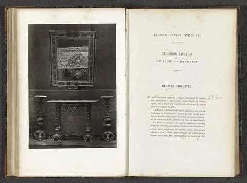 RECORD DATE NOT STATED  Table, two candle holders and a mirror, 1870 photo... Stock Photos