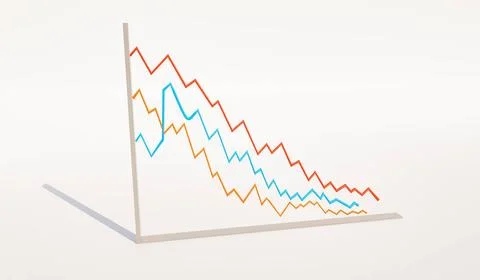 RECORD DATE NOT STATED Three declining graphs. Falling lines in red, blue ... Stock Photos