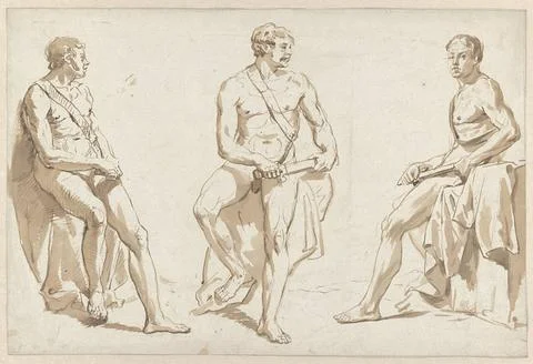 RECORD DATE NOT STATED  Three studies for a male nude model, sitting with ... Stock Photos