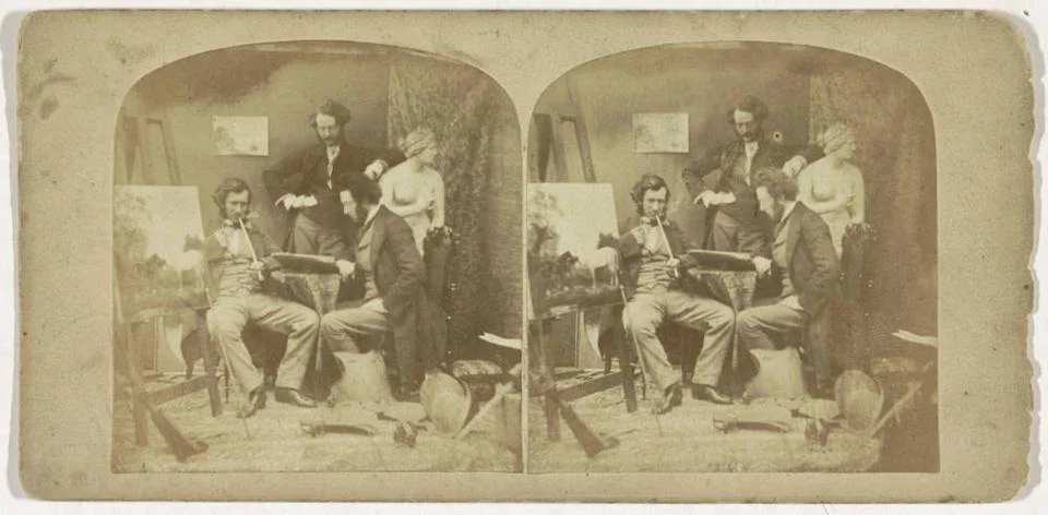 RECORD DATE NOT STATED  Three men between art objects, c. 1850 - c. 1870 s... Stock Photos